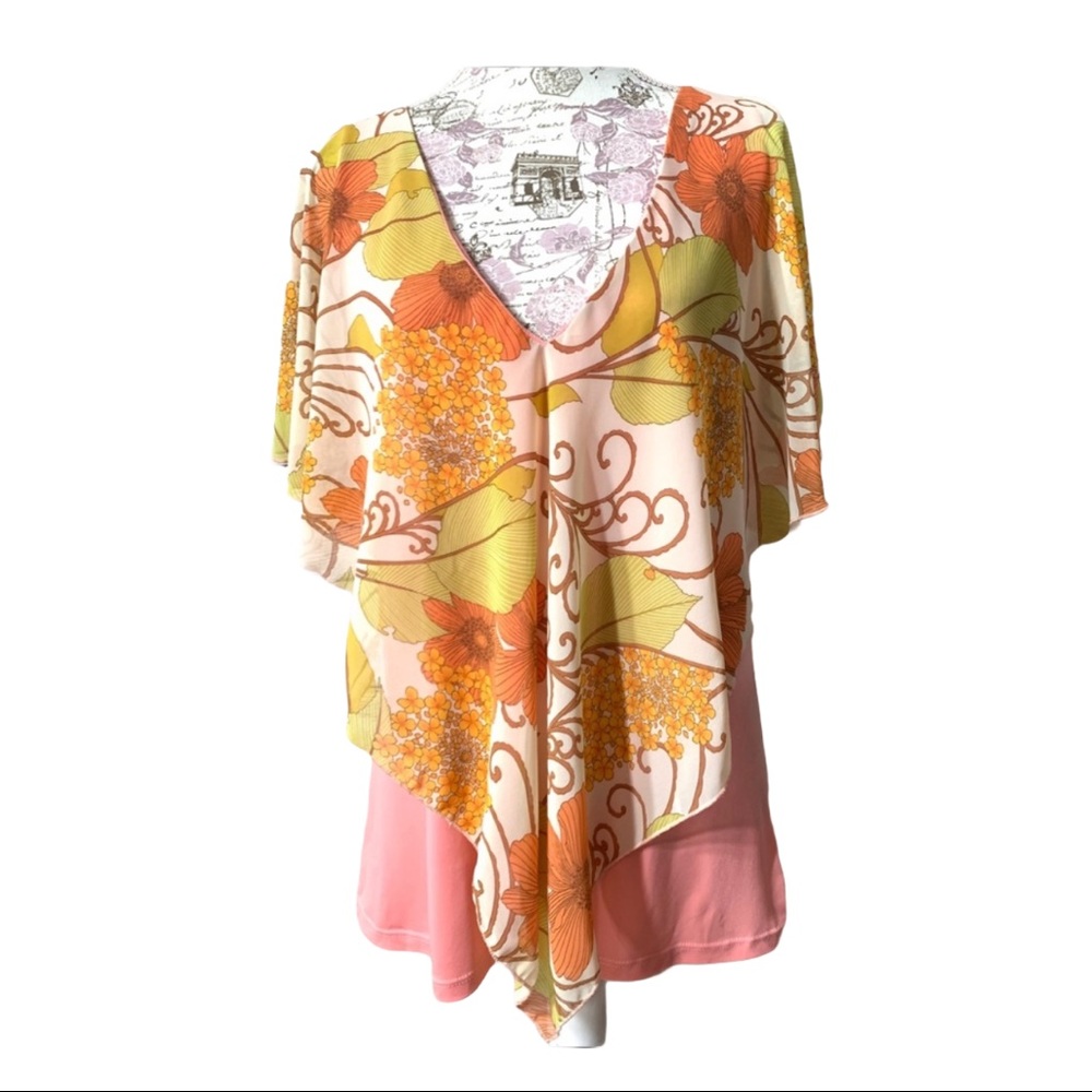 Woman Tunic Marianne Leaf & Flower Blouse Open Shoulder Coral Tees Inside 1XL